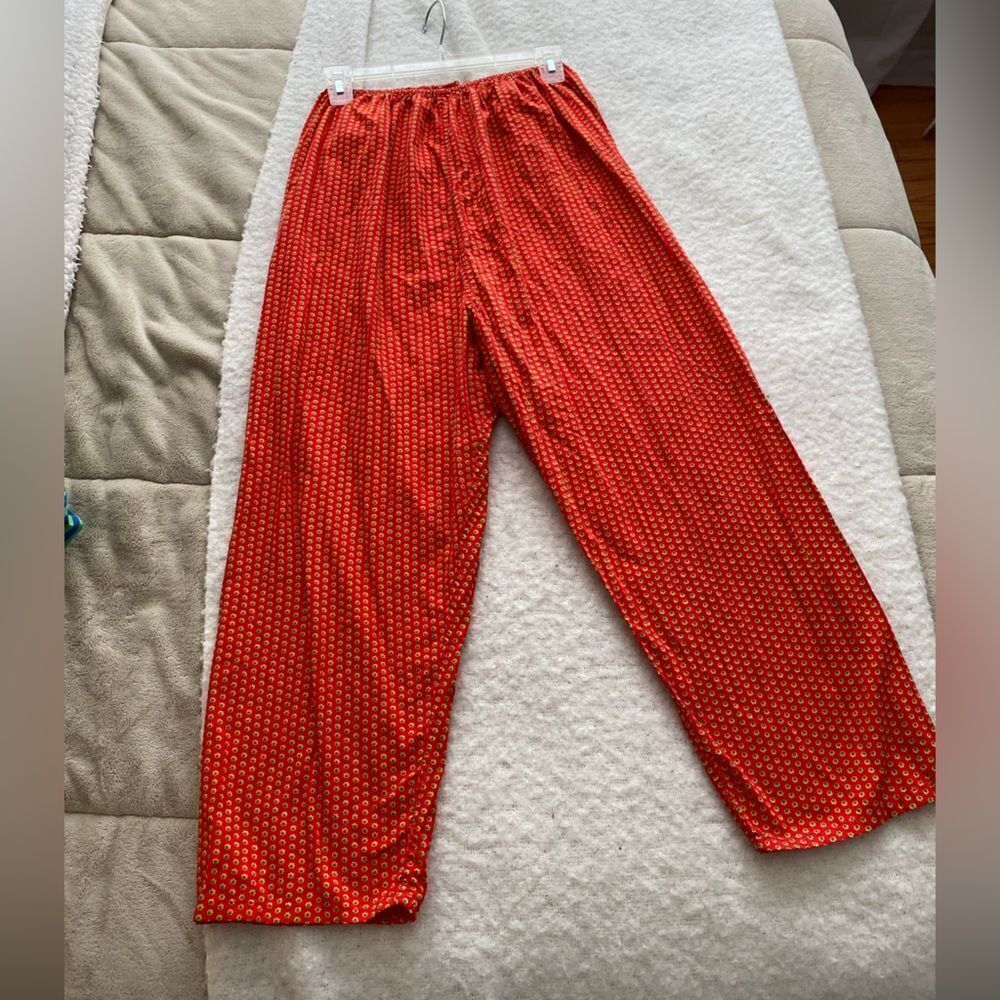 Vintage Handmade Red Floral Lounge Pants Flowing Wide Leg Cottagecore Boho M/L